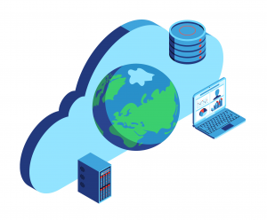 Remote Access in the cloud. Has a computer, server, and harddrive, with a cloud surrounding. them.